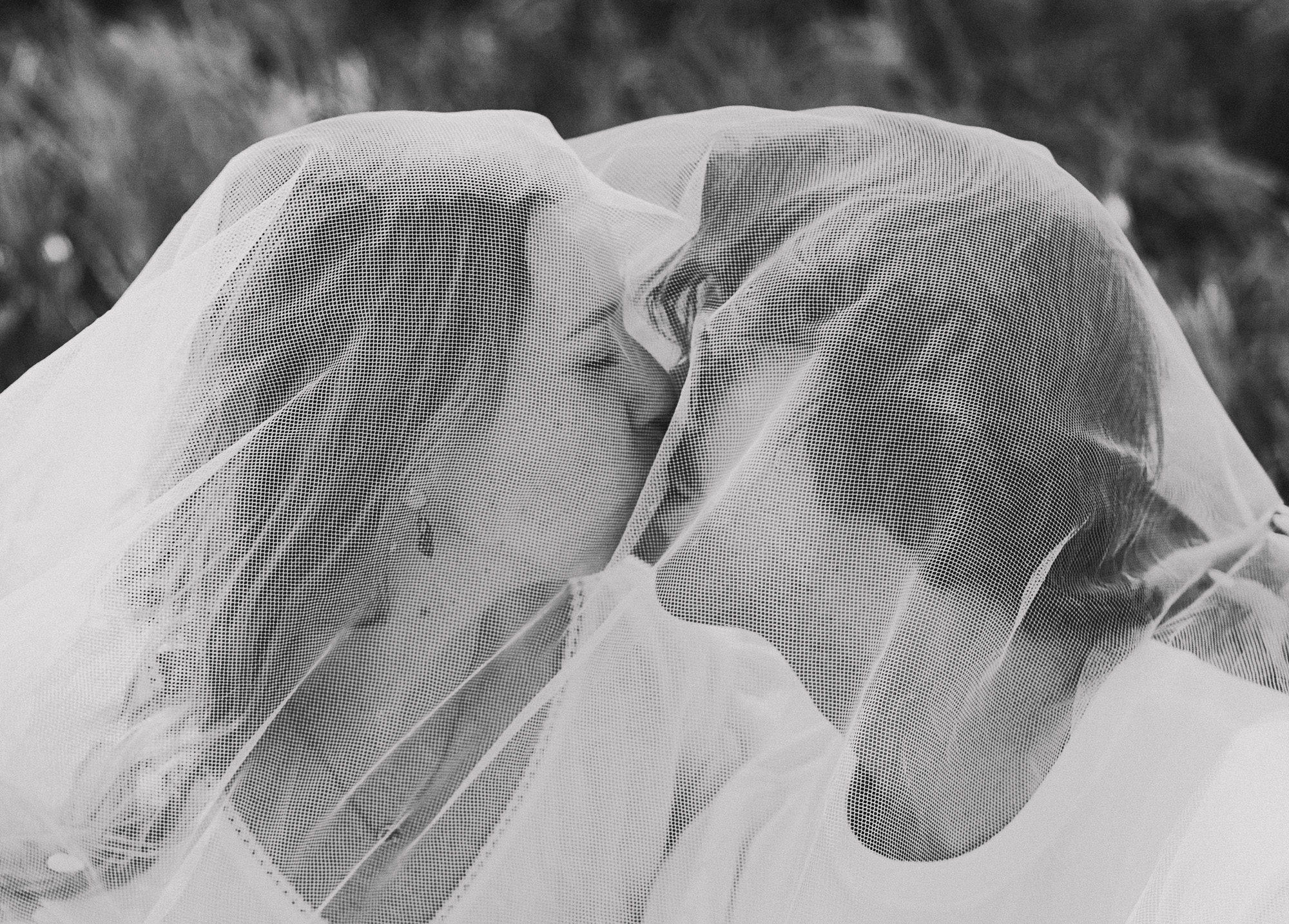 Engaged couple sharing a kiss beneath a flowing veil during a summer engagement session in Edmonton's River Valley.